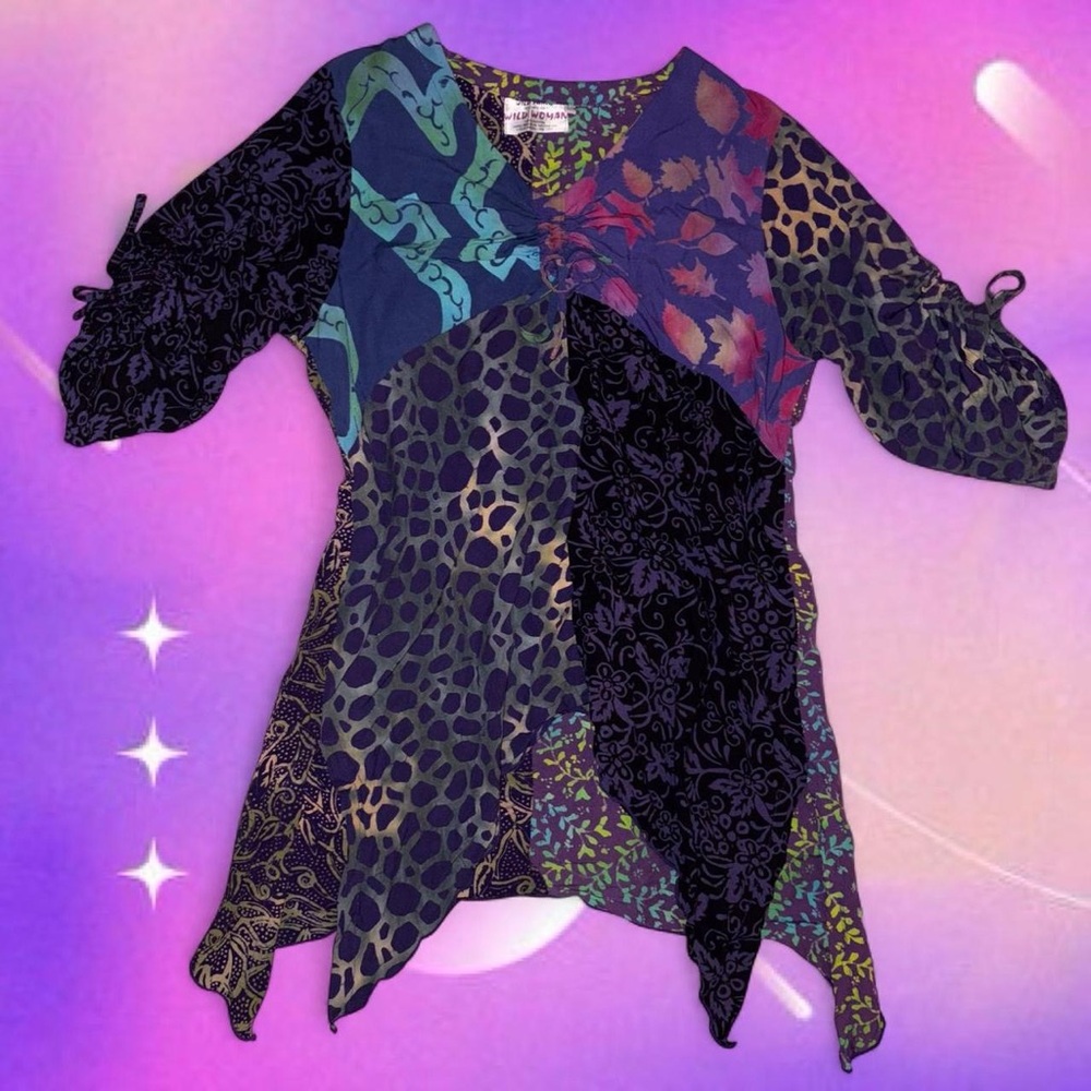 vtg y2k wild woman fairy grunge patchwork handkerchief hem top, fits like sm
